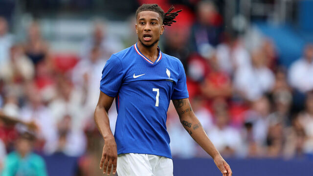 PARIS, FRANCE - AUGUST 09: Michael Olise of of Team France looks on during the Men's Gold Medal match between France and Spain during the Olympic Games Paris 2024 at Parc des Princes on August 09, 2024 in Paris, France.