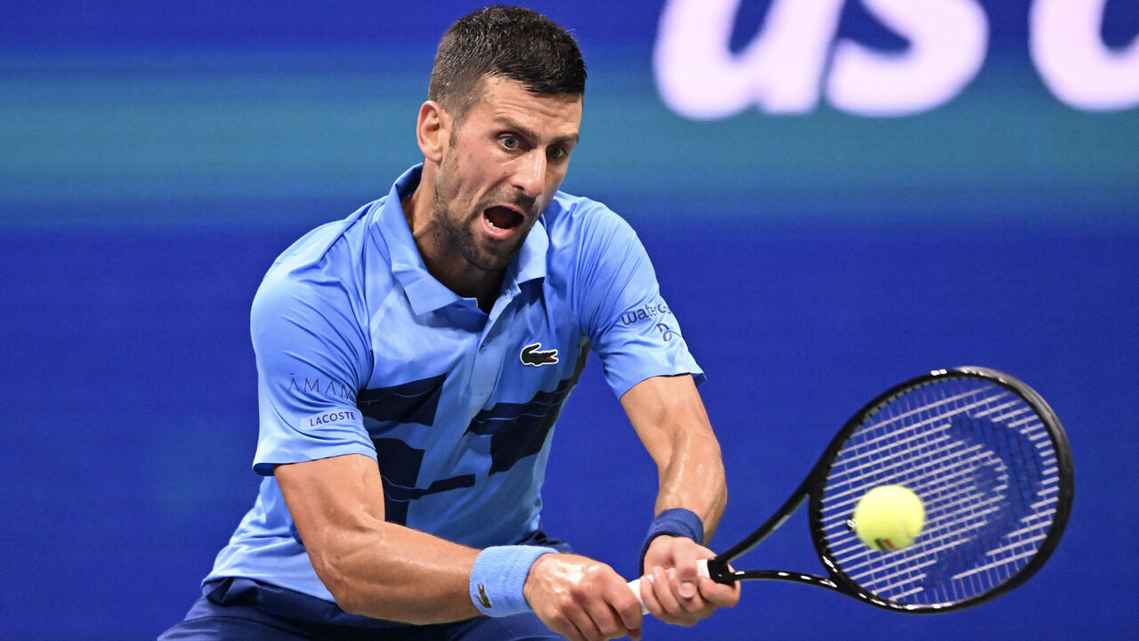 NEW YORK, NEW YORK - AUGUST 28: Novak Djokovic of Serbia in action against Laslo Djere (not seen) of Serbia during the men's single of the US Open at USTA Billie Jean King National Tennis Center on August 28, 2024 in New York City.