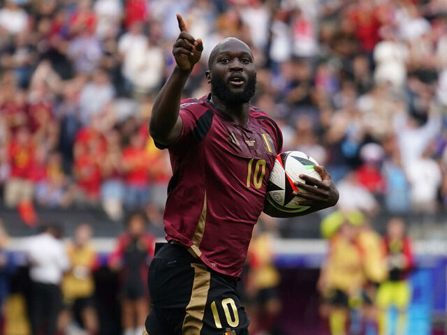FRANKFURT, GERMANY - JUNE 17: Romelu Lukaku of Belgium celebrates after scoring the goal but it was offside during the Group E - UEFA EURO 2024 match between Belgium and Slovakia at Deutsche Bank Park on June 17, 2024 in Frankfurt, Germany.