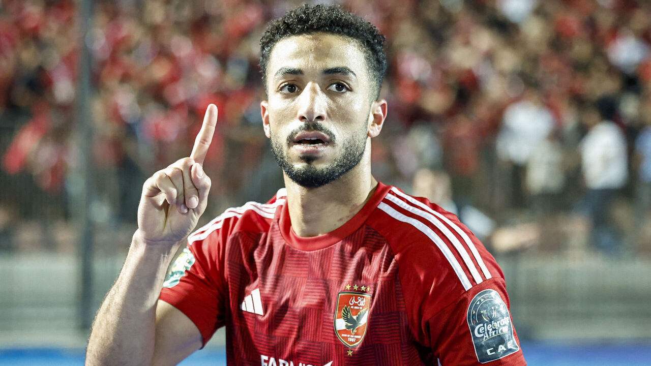 Ahly's Egyptian defender #24 Mohamed Abdelmonem celebrates scoring his team's first goal during the second leg of the CAF Champions League football match between Egypt's Al-Ahly and Congo's TP Mazembe at at the Cairo International Stadium in Cairo on April 26, 2024.