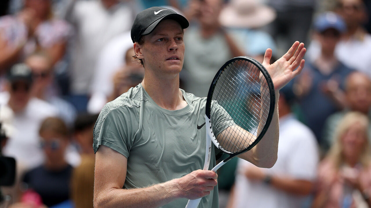 NEW YORK, NEW YORK - AUGUST 29: Jannik Sinner of Italy celebrates after defeating Alex Michelsen of the United States during their Men's Singles Second Round match on Day Four of the 2024 US Open at USTA Billie Jean King National Tennis Center on August 29, 2024 in the Flushing neighborhood of the Queens borough of New York City.