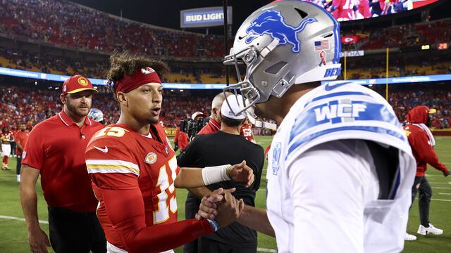KANSAS CITY, MO - SEPTEMBER 7: Patrick Mahomes #15 of the Kansas City Chiefs shakes hands with Jared Goff #16 of the Detroit Lions after an NFL football game at GEHA Field at Arrowhead Stadium on September 7, 2023 in Kansas City, Missouri.