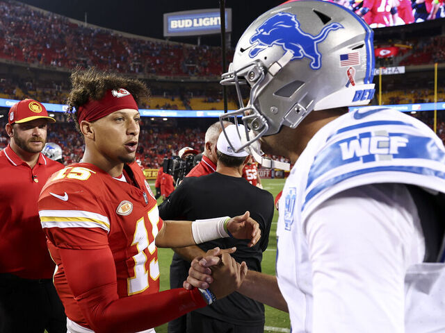 KANSAS CITY, MO - SEPTEMBER 7: Patrick Mahomes #15 of the Kansas City Chiefs shakes hands with Jared Goff #16 of the Detroit Lions after an NFL football game at GEHA Field at Arrowhead Stadium on September 7, 2023 in Kansas City, Missouri.