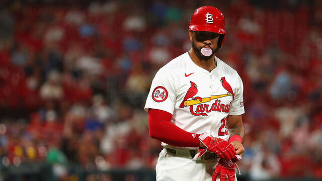 ST LOUIS, MISSOURI - AUGUST 20: Tommy Pham #29 of the St. Louis Cardinals reacts after striking out in the eighth inning at Busch Stadium on August 20, 2024 in St Louis, Missouri.