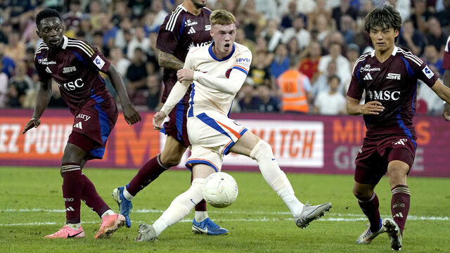 GENEVA, SWITZERLAND - AUGUST 29: Palmer Cole of Chelsea shoots the ball during the UEFA Europa Conference League Play-Offs Second Leg match between Servette FC and Chelsea FC at Stade de Geneve on August 29, 2024 in Geneva, Switzerland.