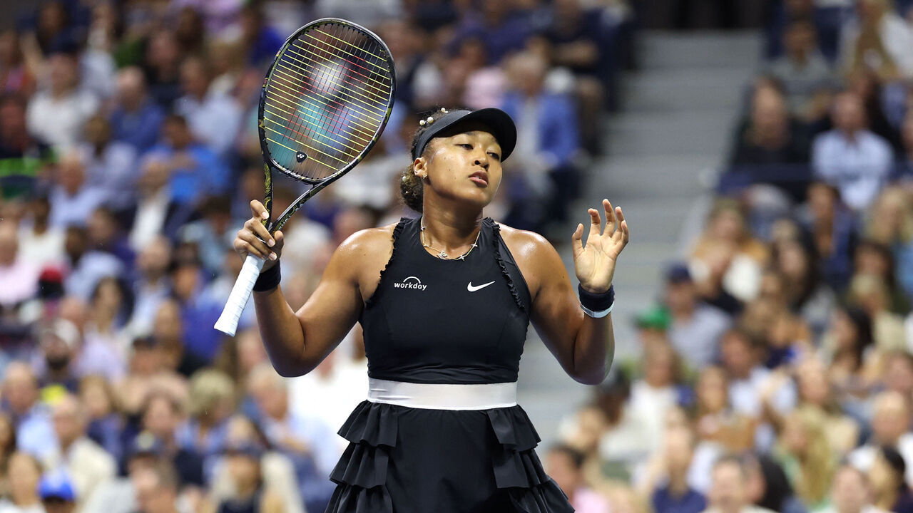 Japan's Naomi Osaka reacts during her women's singles second round tennis match against Czech Republic's Karolina Muchova on day four of the US Open tennis tournament at the USTA Billie Jean King National Tennis Center in New York City, on August 29, 2024.