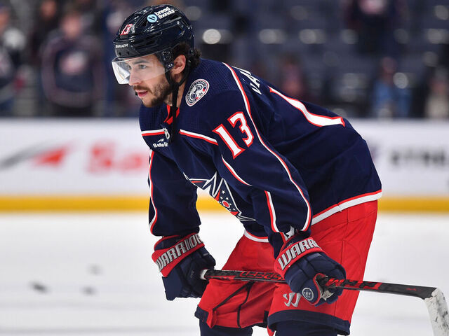 COLUMBUS, OHIO - APRIL 1: Johnny Gaudreau #13 of the Columbus Blue Jackets warms up prior to a game against the Colorado Avalanche at Nationwide Arena on April 1, 2024 in Columbus, Ohio.