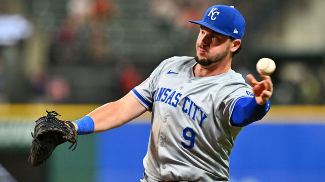 CLEVELAND, OHIO - AUGUST 26: First baseman Vinnie Pasquantino #9 of the Kansas City Royals throws out Andrés Giménez #0 of the Cleveland Guardians during the seventh inning of game two of a doubleheader at Progressive Field on August 26, 2024 in Cleveland, Ohio.