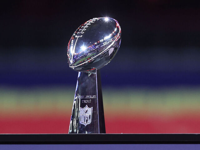 LAS VEGAS, NV - FEBRUARY 5: The Vince Lombardi Trophy is displayed during Super Bowl LVIII Opening Night at Allegiant Stadium on February 5, 2024 in Las Vegas, NV.