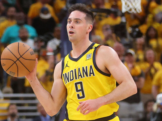 INDIANAPOLIS, INDIANA - MAY 25: T.J. McConnell #9 of the Indiana Pacers handles the ball during Game Three of the Eastern Conference Finals against the Boston Celtics at Gainbridge Fieldhouse on May 25, 2024 in Indianapolis, Indiana.