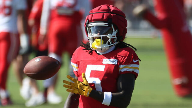ST. JOSEPH, MO - AUGUST 02: Kansas City Chiefs wide receiver Marquise Brown (5) after catching a pass during training camp on August 2, 2024 at Missouri Western State University in St. Joseph, MO.