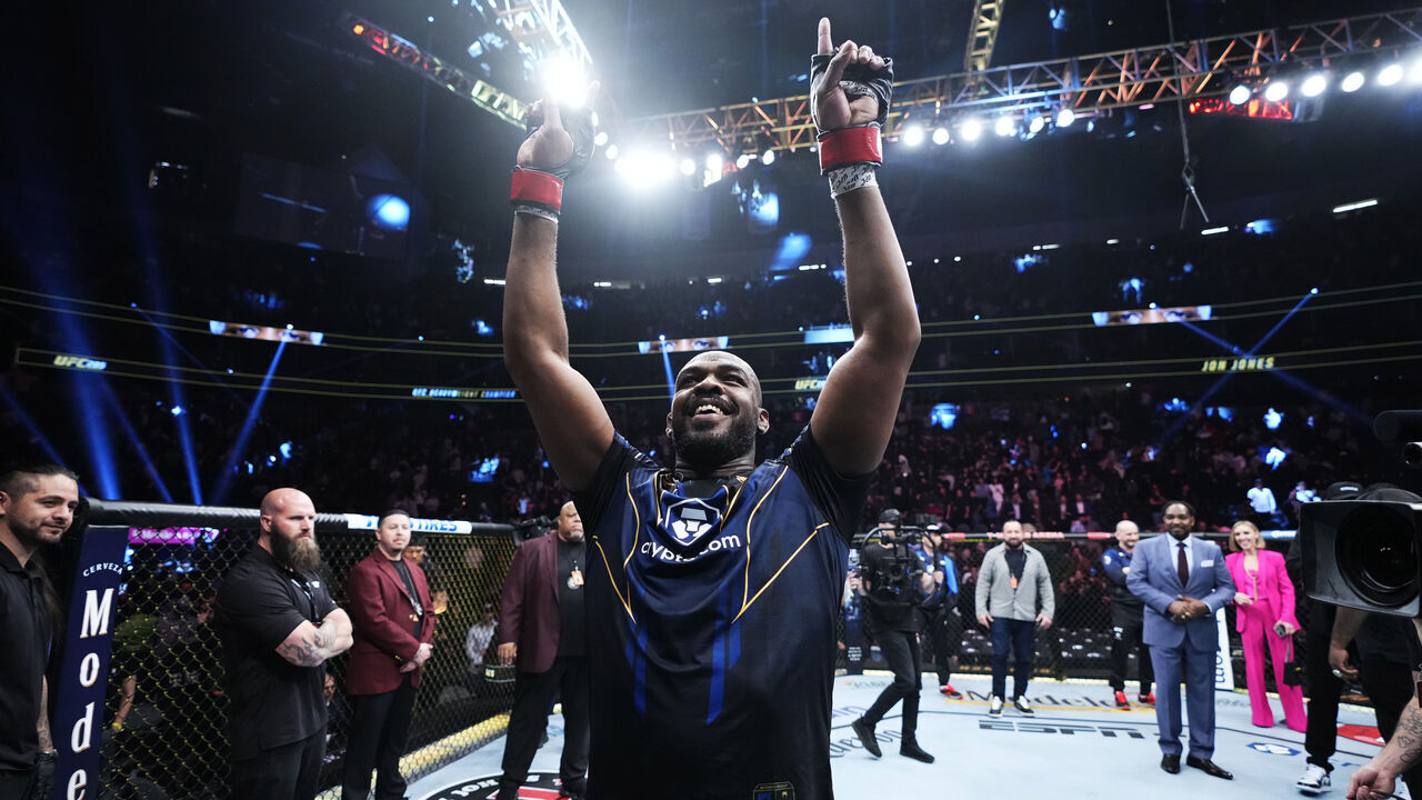 LAS VEGAS, NEVADA - MARCH 04: Jon Jones reacts to his win in the UFC heavyweight championship fight during the UFC 285 event at T-Mobile Arena on March 04, 2023 in Las Vegas, Nevada.