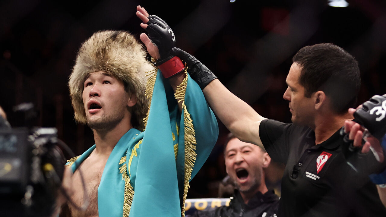 LAS VEGAS, NEVADA - DECEMBER 16: Shavkat Rakhmonov of Kazakhstan reacts to his win following a welterweight fight against Stephen Thompson of the United States during the UFC 296: Edwards vs. Covington event at T-Mobile Arena on December 16, 2023 in Las Vegas, Nevada.