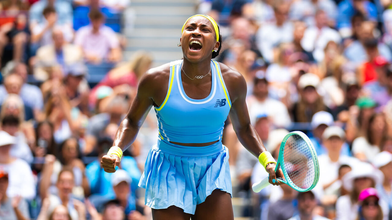 NEW YORK, NEW YORK - AUGUST 30: Coco Gauff of the United States reacts to defeating Elina Svitolina of Ukraine in the third round on Day 5 of the US Open at USTA Billie Jean King National Tennis Center on August 30, 2024 in New York City