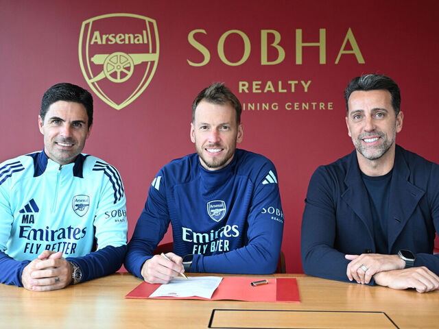 LONDON COLNEY, ENGLAND - AUGUST 30: (L) Arsenal manager Mikel Arteta and (R) Sporting Director Edu Gaspar with new signing Neto at Sobha Realty Training Centre on August 30, 2024 in London Colney, England.