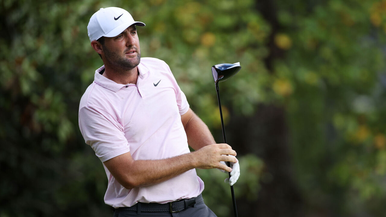 ATLANTA, GEORGIA - AUGUST 30: Scottie Scheffler of the United States hits his shot from the 14th tee during the second round of the TOUR Championship at East Lake Golf Club on August 30, 2024 in Atlanta, Georgia.
