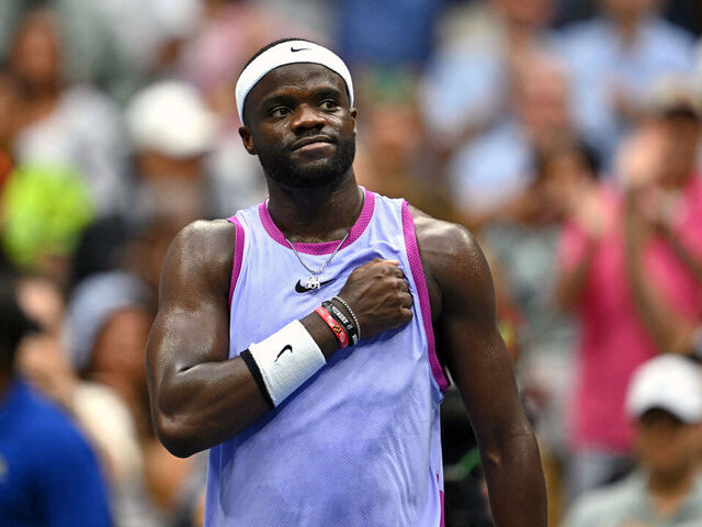 USA's Frances Tiafoe celebrates his victory over USA's Ben Shelton during their men's singles third round match on day five of the US Open tennis tournament at the USTA Billie Jean King National Tennis Center in New York City, on August 30, 2024.