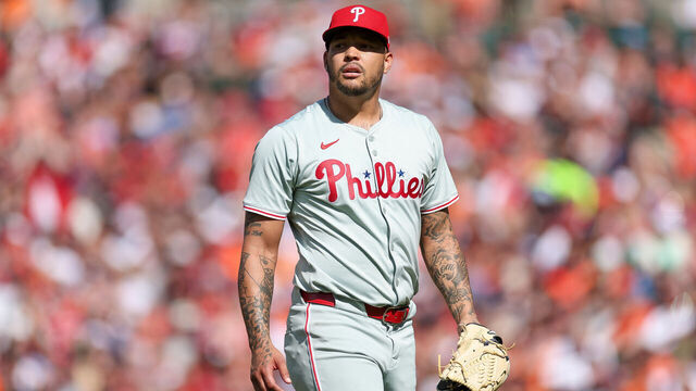 BALTIMORE, MARYLAND - JUNE 15: Taijuan Walker #99 of the Philadelphia Phillies walks around the mound after an out in the second inning against the Baltimore Orioles at Oriole Park at Camden Yards on June 15, 2024 in Baltimore, Maryland.