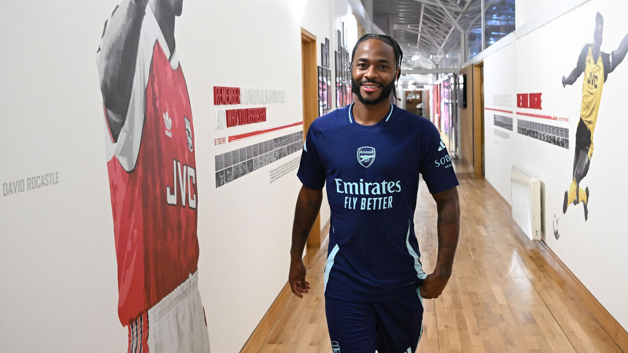 LONDON COLNEY, ENGLAND - AUGUST 30: Arsenal unveil new signing Raheem Sterling at Sobha Realty Training Centre on August 30, 2024 in London Colney, England.