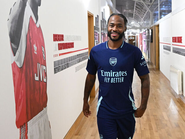 LONDON COLNEY, ENGLAND - AUGUST 30: Arsenal unveil new signing Raheem Sterling at Sobha Realty Training Centre on August 30, 2024 in London Colney, England.