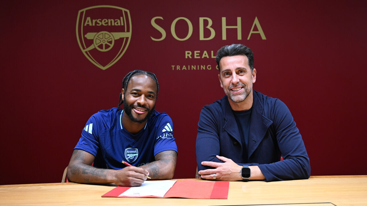 LONDON COLNEY, ENGLAND - AUGUST 30: Arsenal Sporting Director Edu Gaspar with new signing Raheem Sterling at Sobha Realty Training Centre on August 30, 2024 in London Colney, England.