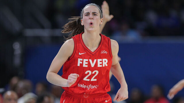 CHICAGO, IL - AUGUST 30: Caitlin Clark #22 of the Indiana Fever reacts after making a basket during the second half of a WNBA game against the Chicago Sky on August 30, 2024 at Wintrust Arena in Chicago, Illinois.