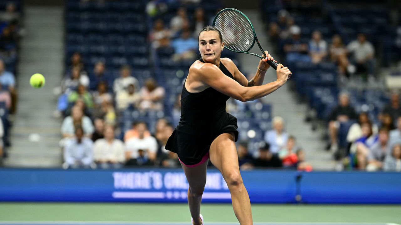 Belarus's Aryna Sabalenka plays a backhand return against Russia's Ekaterina Alexandrova during their women's singles third round match on day five of the US Open tennis tournament at the USTA Billie Jean King National Tennis Center in New York City, on August 30, 2024.
