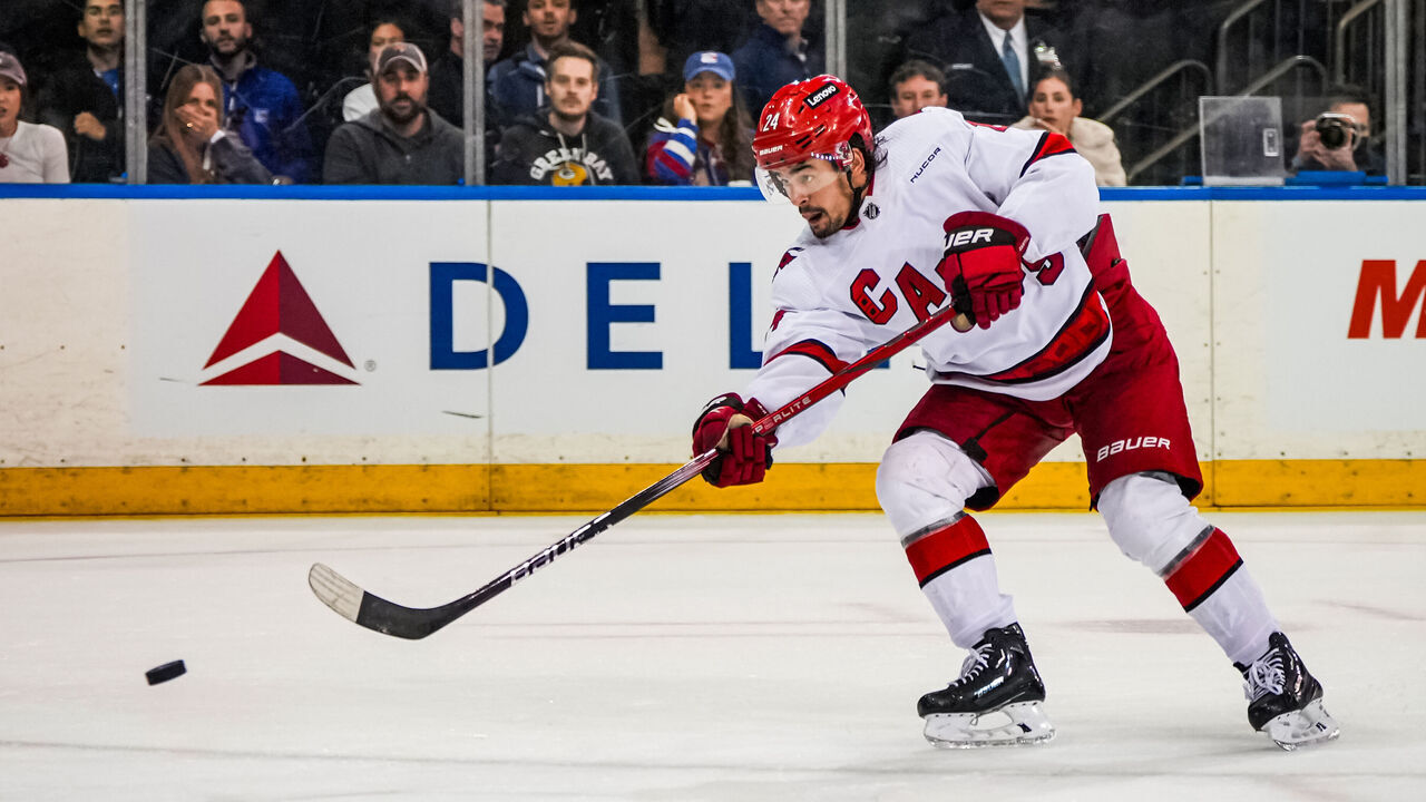 NEW YORK, NEW YORK - MAY 07: Seth Jarvis #24 of the Carolina Hurricanes shoots the puck during the third period against the New York Rangers in Game Two of the Second Round of the 2024 Stanley Cup Playoffs at Madison Square Garden on May 07, 2024 in New York City.
