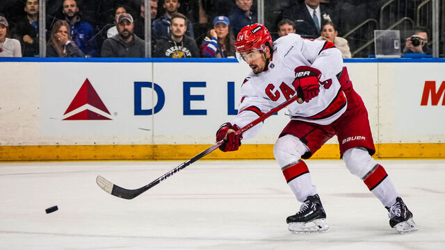 NEW YORK, NEW YORK - MAY 07: Seth Jarvis #24 of the Carolina Hurricanes shoots the puck during the third period against the New York Rangers in Game Two of the Second Round of the 2024 Stanley Cup Playoffs at Madison Square Garden on May 07, 2024 in New York City.