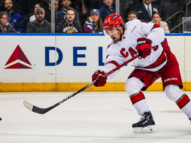 NEW YORK, NEW YORK - MAY 07: Seth Jarvis #24 of the Carolina Hurricanes shoots the puck during the third period against the New York Rangers in Game Two of the Second Round of the 2024 Stanley Cup Playoffs at Madison Square Garden on May 07, 2024 in New York City.