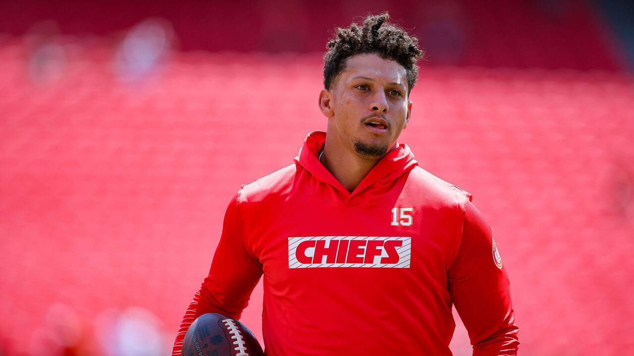 KANSAS CITY, MISSOURI - AUGUST 17: Patrick Mahomes #15 of the Kansas City Chiefs runs on the field during pregame warmups prior to a preseason game against the Detroit Lions at GEHA Field at Arrowhead Stadium on August 17, 2024 in Kansas City, Missouri.