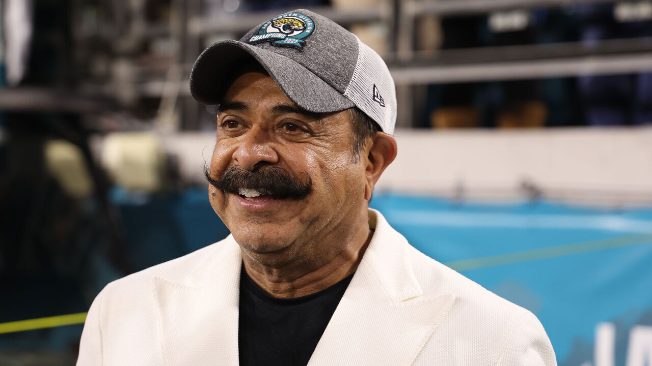 JACKSONVILLE, FL - JANUARY 07: Jacksonville Jaguars owner Shad Khan celebrates after a game against the Tennessee Titans at TIAA Bank Field on Saturday, January 7, 2023 in Jacksonville, Florida. (Perry Knotts/Getty Images)