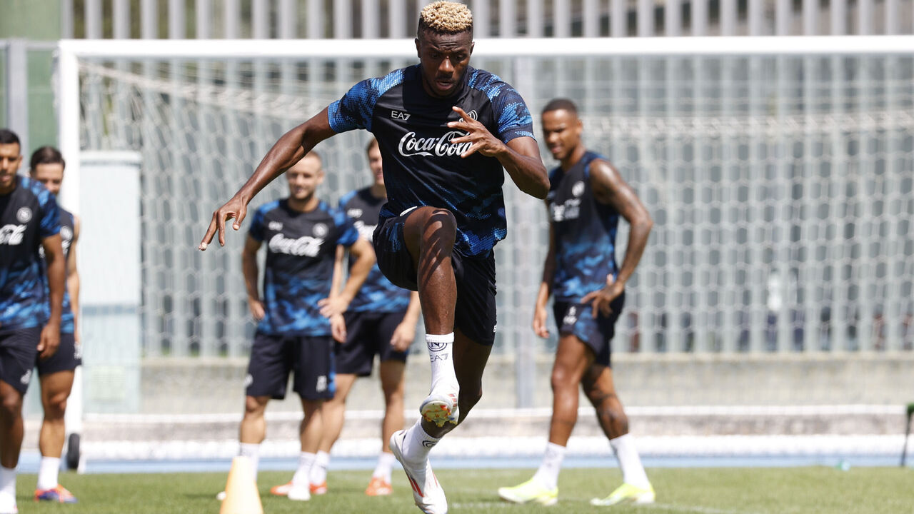 Victor Osimhen of Napoli is participating in day 14 of the preseason training camp of SSC Napoli at Stadio Patini in Castel di Sangro, Italy, on August 2, 2024.