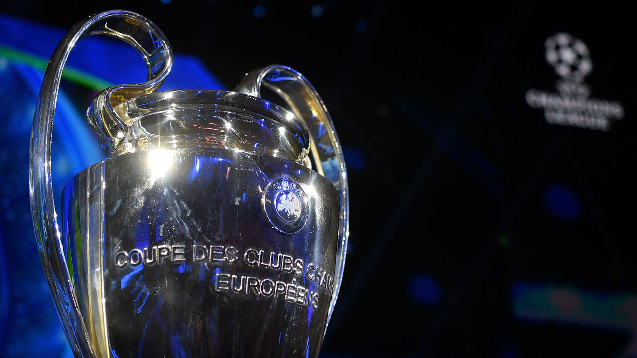 MONACO, MONACO - AUGUST 28: The UEFA Champions League trophy is seen on the stage ahead of the UEFA Champions League Phase Draw at Grimaldi Forum on August 28, 2024 in Monaco, Monaco.