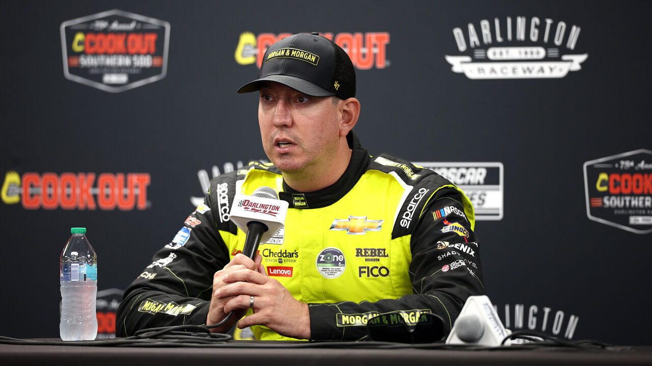 DARLINGTON, SOUTH CAROLINA - AUGUST 31: Kyle Busch, driver of the #8 Morgan & Morgan Chevrolet, speaks to the media during a press conference prior to practice for the NASCAR Cup Series Cook Out Southern 500 at Darlington Raceway on August 31, 2024 in Darlington, South Carolina.