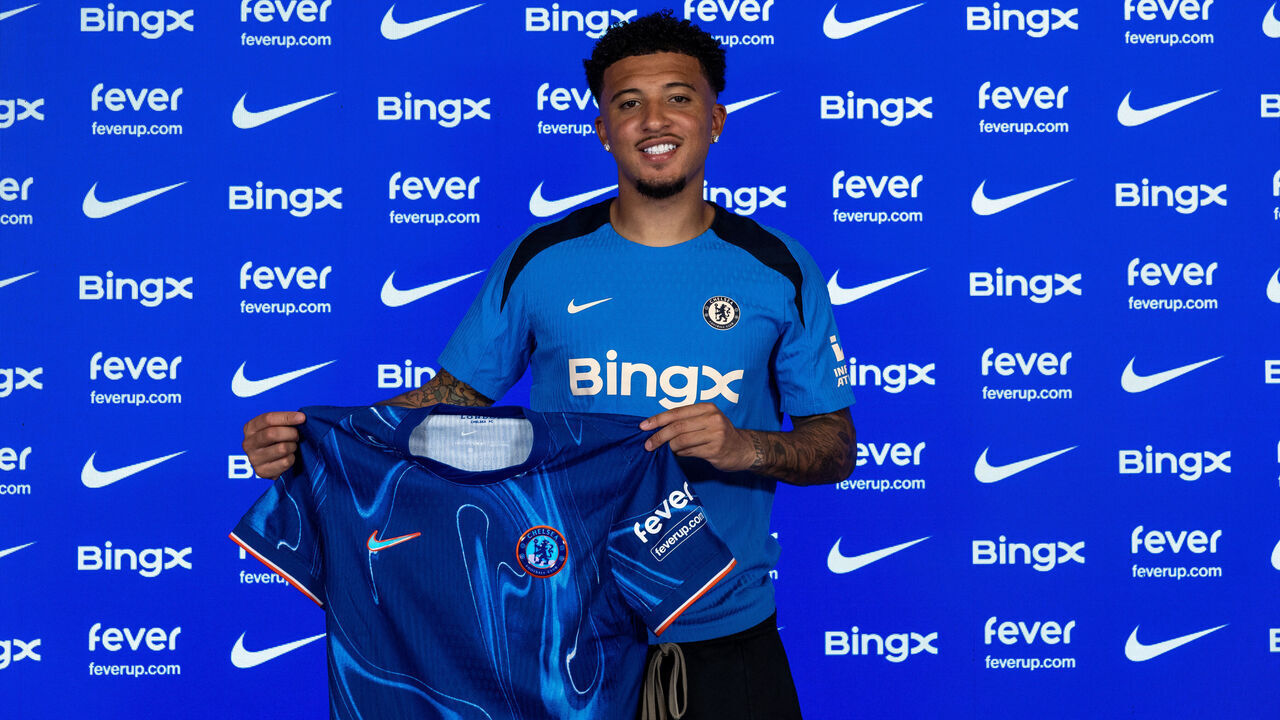 COBHAM, ENGLAND - AUGUST 31: Jadon Sancho poses for pictures as he signs for Chelsea Football Club at Chelsea Training Ground on August 30, 2024 in Cobham, England.