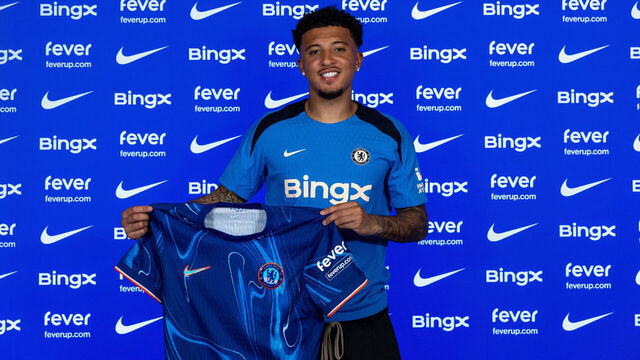 COBHAM, ENGLAND - AUGUST 31: Jadon Sancho poses for pictures as he signs for Chelsea Football Club at Chelsea Training Ground on August 30, 2024 in Cobham, England.