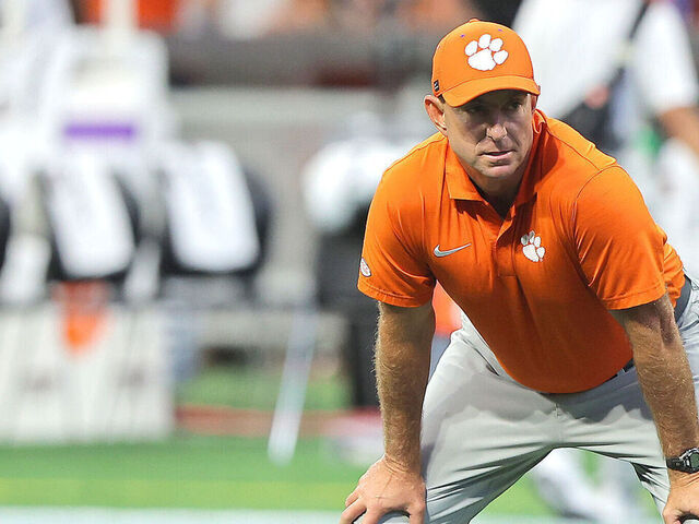 ATLANTA, GA - AUGUST 31: Clemson Tigers head coach Dabo Swinney during warmups for the Saturday afternoon college football game between the University of Georgia Bulldogs and the Clemson Tigers on 08/31/2024 at the Mercedes-Benz Stadium in Atlanta, GA.