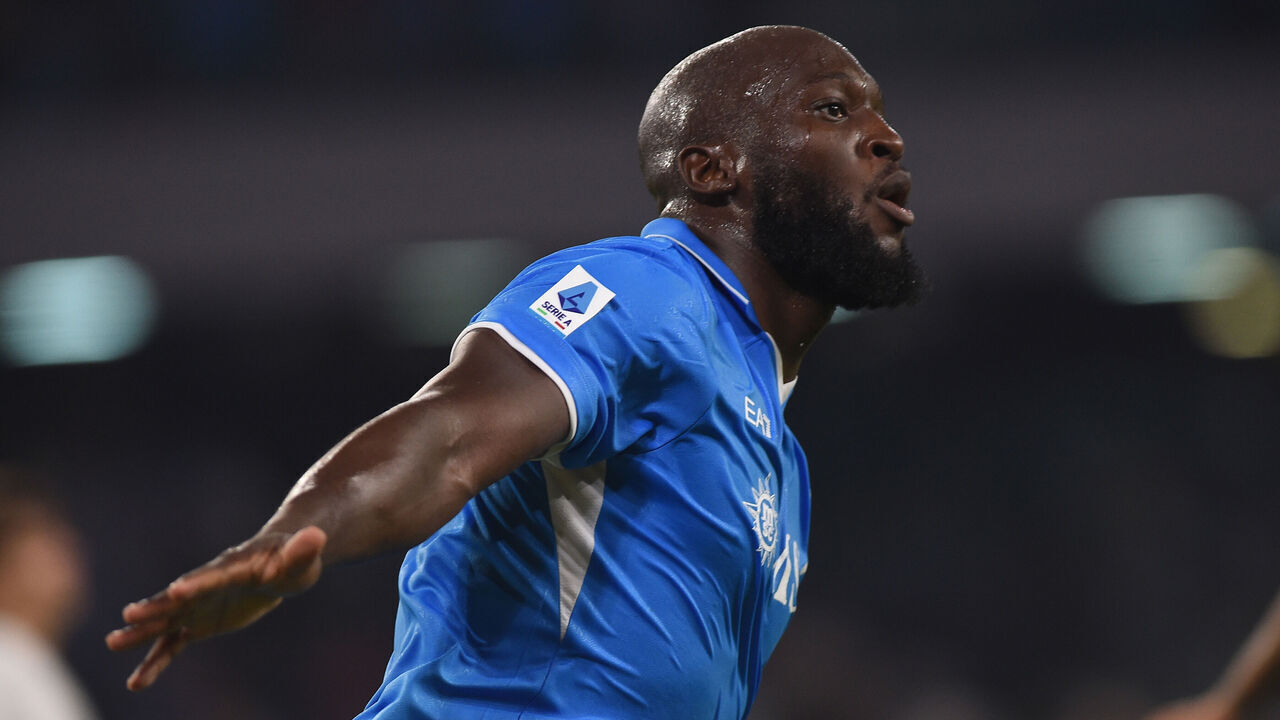 Romelu Lukaku of SSC Napoli celebrates after scoring during the Serie A match between SSC Napoli and Parma Calcio at Stadio Diego Armando Maradona Naples Italy on 31 August 2024.