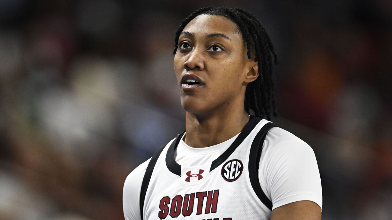 GREENVILLE, SOUTH CAROLINA - MARCH 08: Ashlyn Watkins #2 of the South Carolina Gamecocks looks on against the Texas A&M Aggies in the second quarter during the quarterfinals of the SEC Women's Basketball Tournament at Bon Secours Wellness Arena on March 08, 2024 in Greenville, South Carolina.