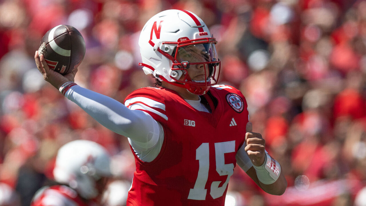 LINCOLN, NEBRASKA - AUGUST 31: Dylan Raiola #15 of the Nebraska Cornhuskers passes against the UTEP Miners in the first quarter at Memorial Stadium on August 31, 2024 in Lincoln, Nebraska.