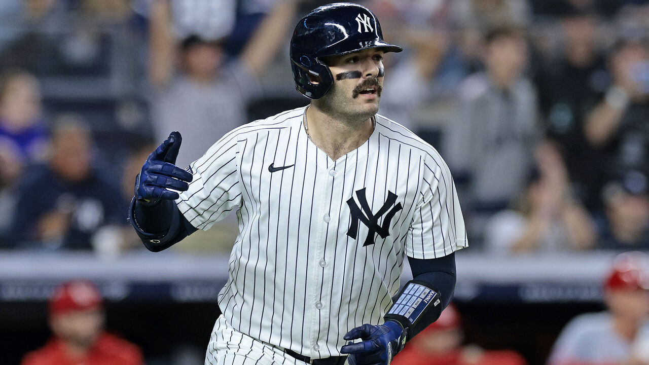 NEW YORK, NEW YORK - AUGUST 30: Austin Wells #28 of the New York Yankees watches his two-run homerun in the bottom of the eighth inning during the game against the St. Louis Cardinals at Yankee Stadium on August 30, 2024 in New York City. The Yankees defeated the Cardinals 6-3.