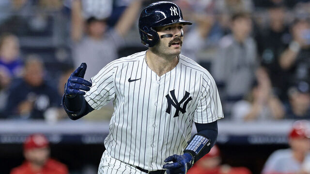 NEW YORK, NEW YORK - AUGUST 30: Austin Wells #28 of the New York Yankees watches his two-run homerun in the bottom of the eighth inning during the game against the St. Louis Cardinals at Yankee Stadium on August 30, 2024 in New York City. The Yankees defeated the Cardinals 6-3.