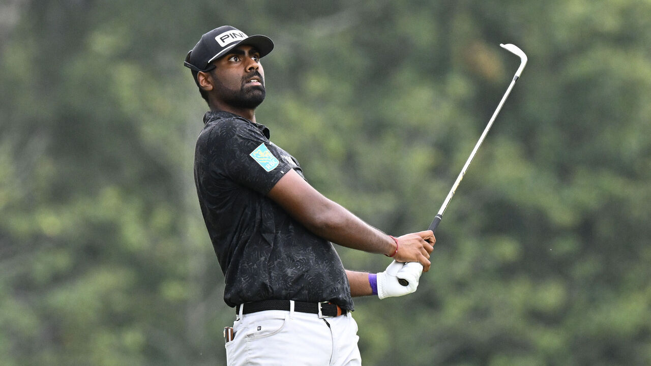 ATLANTA, GEORGIA - AUGUST 31: Sahith Theegala of the United States hits from the 17th fairway during the third round of the TOUR Championship at East Lake Golf Club on August 31, 2024 in Atlanta, Georgia.
