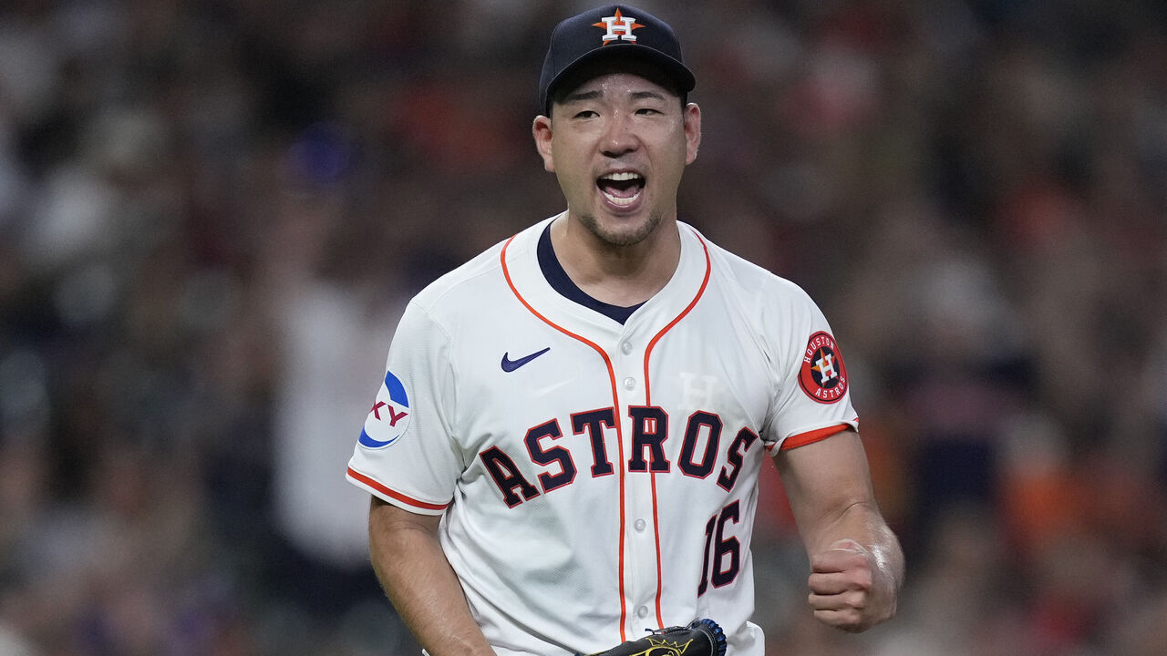 HOUSTON, TEXAS - AUGUST 31: Yusei Kikuchi #16 of the Houston Astros celebrates after striking out Salvador Perez #13 of the Kansas City Royals in the sixth inning at Minute Maid Park on August 31, 2024 in Houston, Texas.