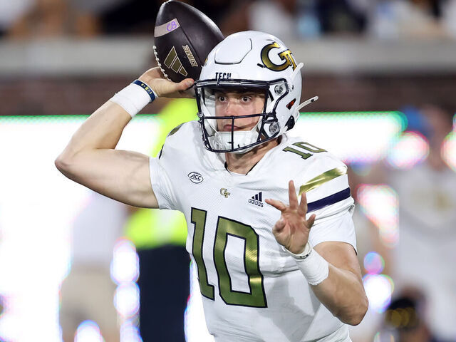 ATLANTA, GA - AUGUST 31: Georgia Tech Yellow Jackets quarterback Haynes King (10) during the game between the Georgia State Panthers and the Georgia Tech Yellow Jackets on August 31, 2024 at Bobby Dodd Stadium in Atlanta, Georgia.