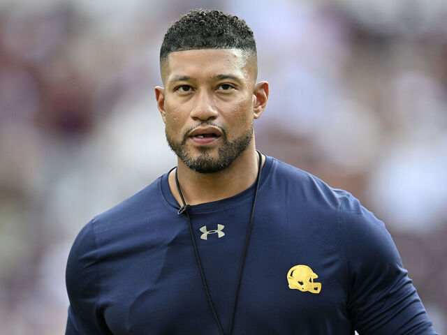 COLLEGE STATION, TEXAS - AUGUST 31: Head Coach Marcus Freeman of the Notre Dame Fighting Irish looks on prior to the game against the Texas A&M Aggies Kyle Field on August 31, 2024 in College Station, Texas.