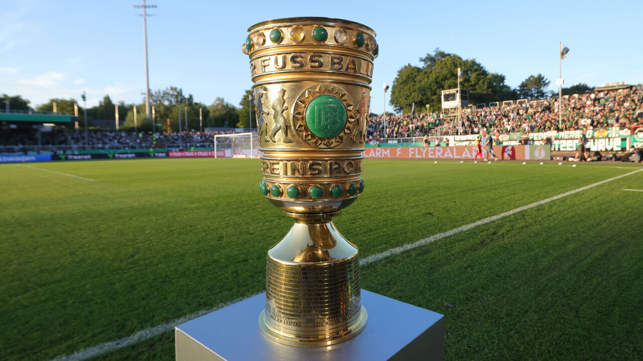 MUENSTER, GERMANY - AUGUST 27: DFB Cup trophy in the Prussian stadium Feature before the DFB-Pokal match between SC Preußen Münster and VfB Stuttgart at on August 27, 2024 in Muenster, Germany.