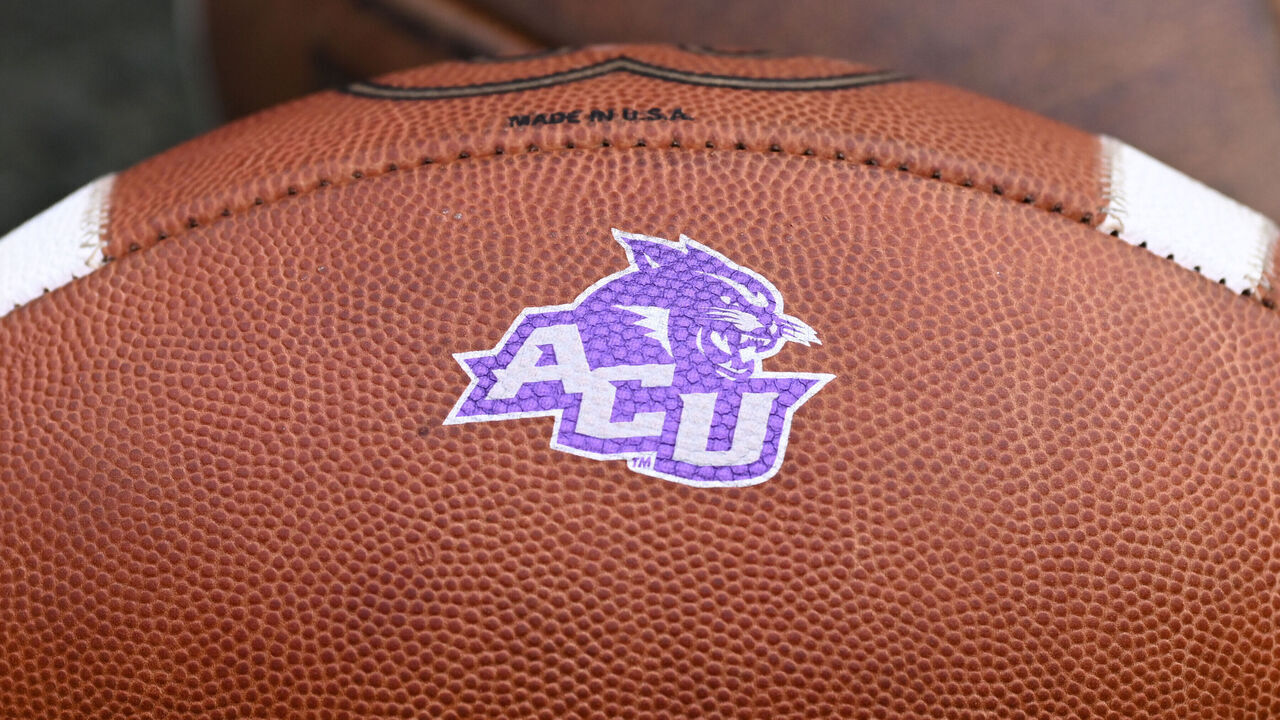 COLLEGE STATION, TX - NOVEMBER 18: The Abilene Christian Wildcats logo is displayed on a ball during the game between the Abilene Christian Wildcats and the Texas A&M Aggies on November 18, 2023 at Kyle Field in College Station, TX.