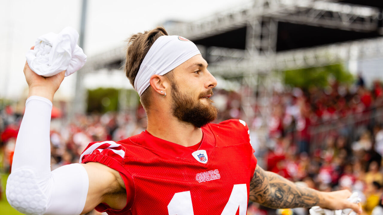 SANTA CLARA, CA - AUGUST 04: San Francisco 49ers wide receiver Ricky Pearsall (14) throws a shirt during the San Francisco 49ers Training Camp on August 4, 2024 at SAP Performance Facility in Santa Clara, CA.